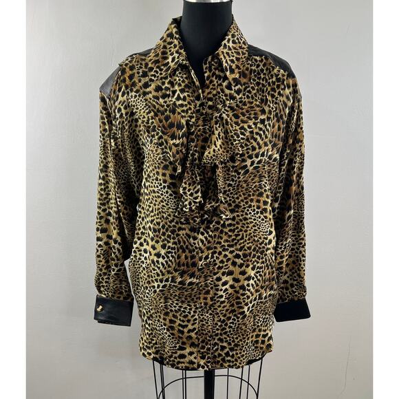 Vintage CACHE Brown Top Silk Leopard Ruffle Collar Leather Button-Up Sz M Medium - Picture 1 of 8